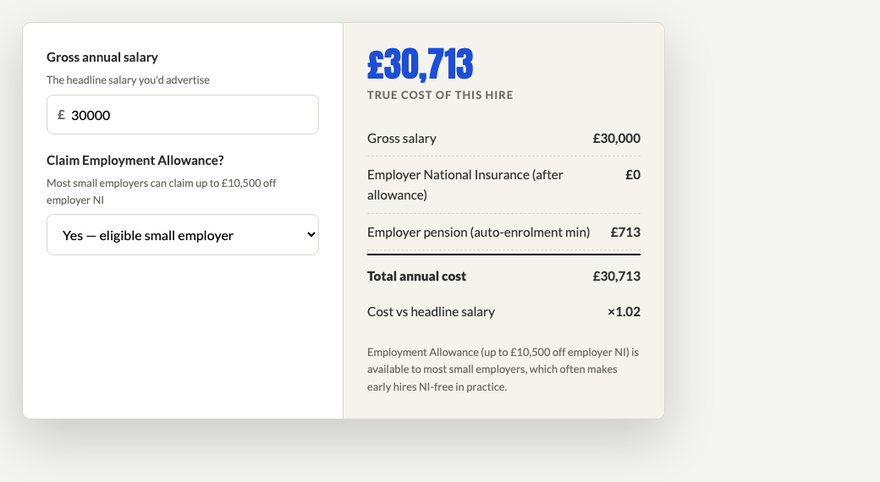 The Employer cost of hiring calculator in use