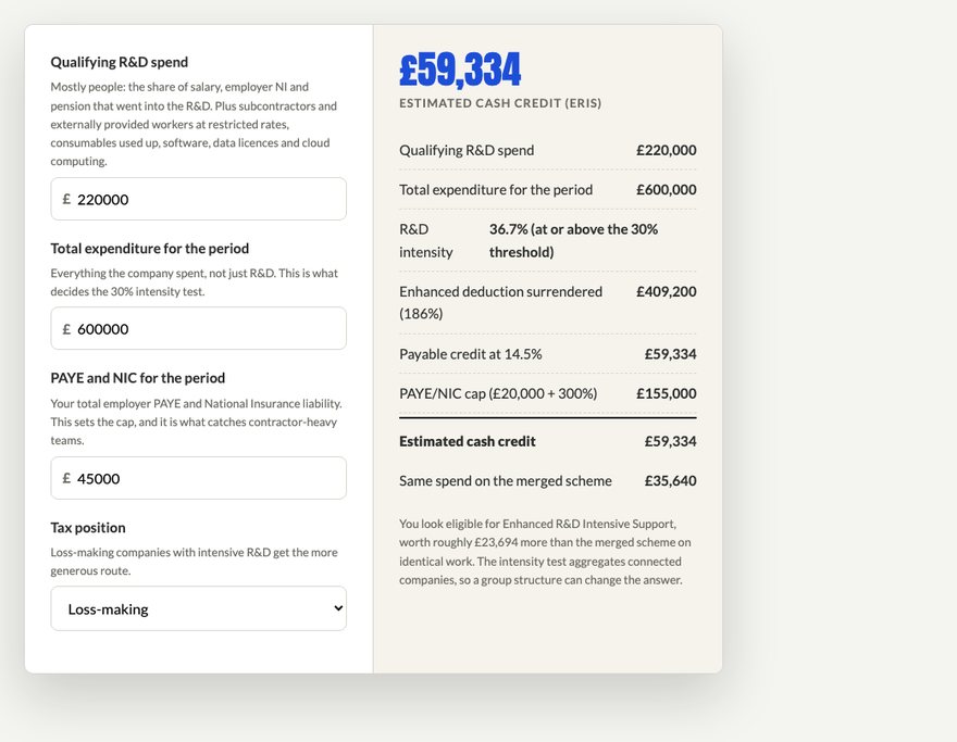 The R&D tax relief estimator in use